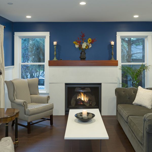 livingroom with  cement fireplace, san mateo