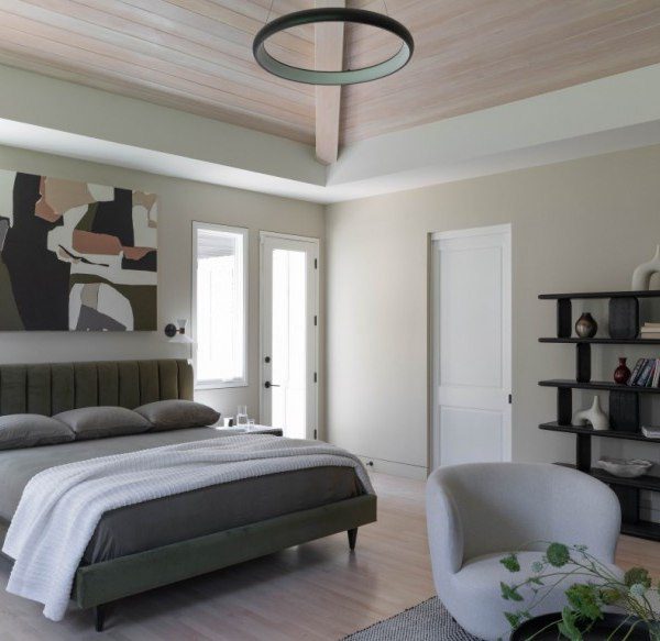 master bedroom with wood ceiling