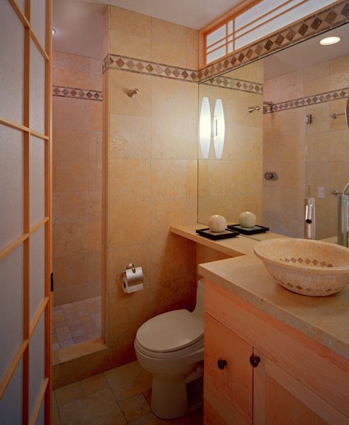 Transitional Limestone Bathroom with Asian Influence, San Francisco
